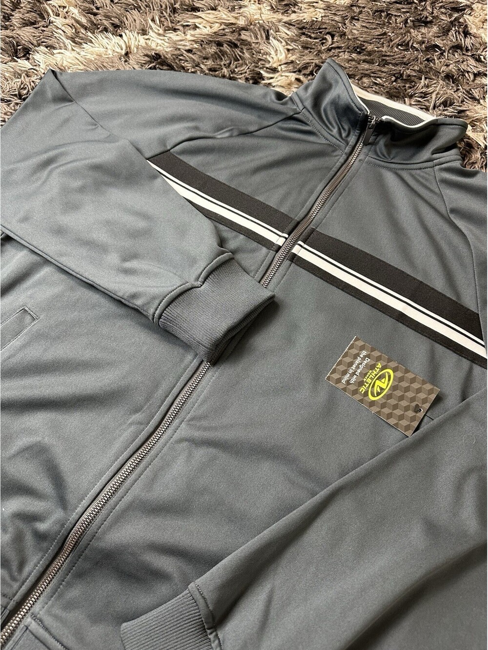 NWT Athletic Works Mens Medium M 38-40 Track Jacket Full Zip Grey Striped